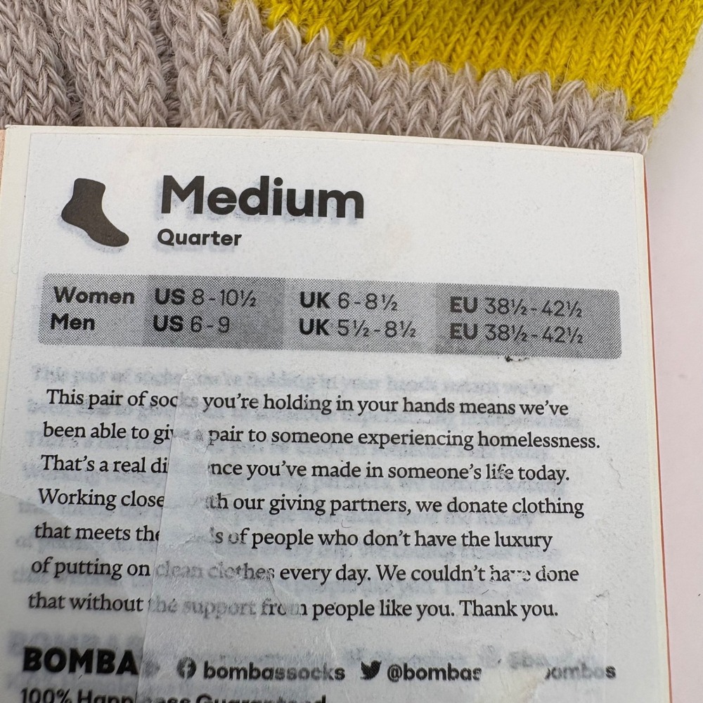 Bombas Medium Merino Wool Blend Quarter Socks Midweight Tan Yellow NEW - Picture 3 of 4